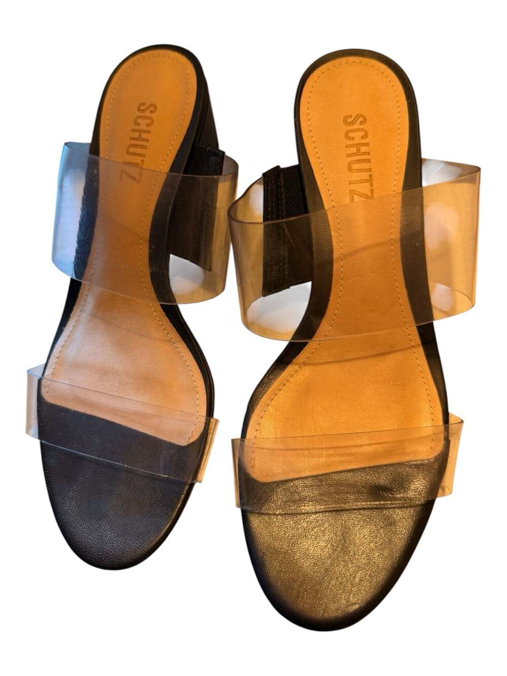 Schutz Victorie Vinyl and Leather Block Heel Slide Sandals